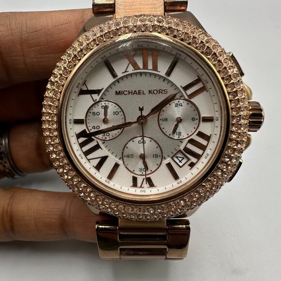 Michael Kors Camille Watch Women Rose Gold Tone Crystal Bezel Date New Battery - Picture 1 of 9